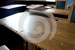 Old historical classroom with wooden desks and chalkboards