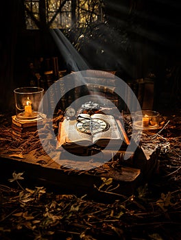 An Old Historical Open Book Amidst Clock, Candles, and Other Books