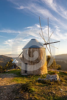Old Historical Stone Windmill at Sunset in Portugal