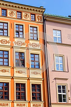 The old, historical tenements in Cracow, Poland