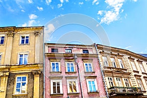 The old, historical tenements at the Old Town in Krakow