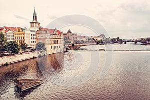 Old historical town Prague with Vltava river from Charles bridge