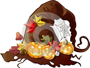 Old holed witch hat with halloween pumpkins, autumn leaves, fly agarics and spiderweb on isolated background