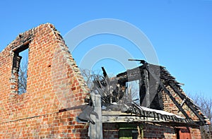Old Home Burns Down. Brick House Roof Fire Damage.
