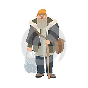 Old homeless man with beard and cane standing and holding plastic bag. Elderly bum, vagabond or hobo dressed in shabby photo