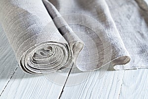 Old homespun linen canvas in roll