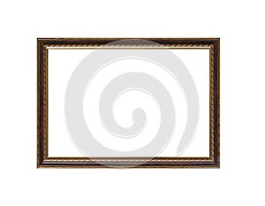 Old horizontal long narrow wooden picture frame isolated on white background