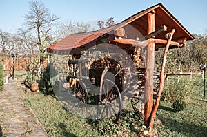 Old horse cart decorated with onion ropes in a garden