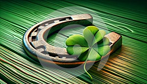 Old horseshoe,with clover leaf icons of Irish Patrick's day and good luck