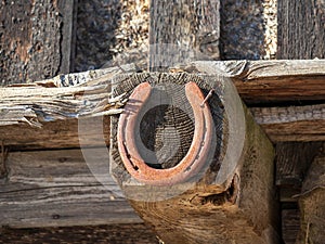 An old horseshoe is nailed over the front door to an old Russian house.