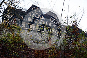 An old hotel building is visible through the bushes of a park in England, Great Britain