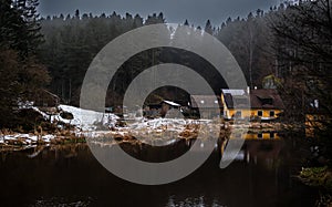 Old House At The Bank Of River Kamp And Misty Forest In Lower Austria (Waldviertel) In Austria