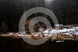 Old House At The Bank Of River Kamp And Misty Forest In Lower Austria (Waldviertel) In Austria