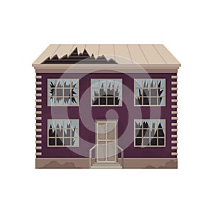 Old house with broken windows and destroyed roof. Purple abandoned building. Big two-storey cottage. Flat vector design