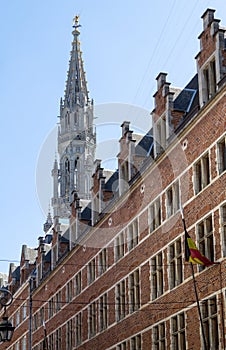 Old House and Brussels Town Hall on the background, Belgium