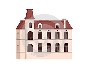 Old house building. European city construction with windows, facade, exterior, front view. Historic mansion architecture
