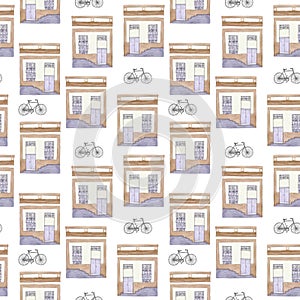 Old house and bycicle. Seamless pattern with building and bike.
