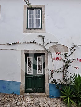 Old house on a cobblestone street, blue wall paint, green door