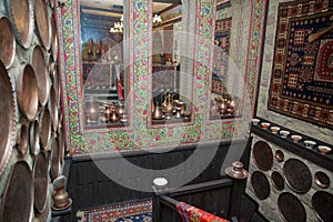 Old house, old copper utensils . View of Old Room at Kitchen Museum restaurant . Ancient copper metal utensils in a old village