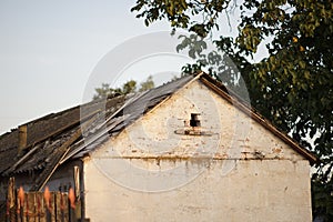 Old house with destroyed tiled roof under a tree