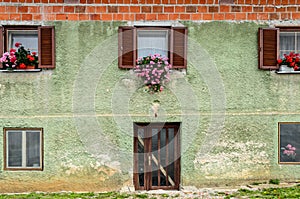 Old House Facade with Entrance Door and Windows Decorated with Flowers. Green Colored Brick Wall. Rural Building in Croatia