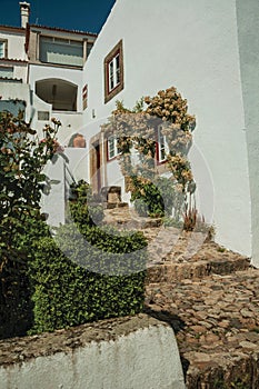 Old house and flowered window in cobblestone alley with steps