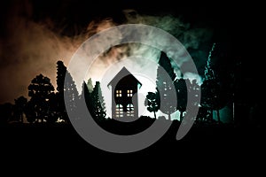 Old house with a Ghost in the forest at night or Abandoned Haunted Horror House in fog. Old mystic building in dead tree forest. T