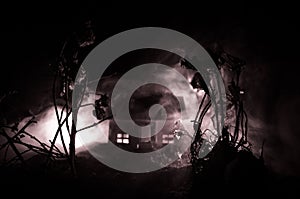 Old house with a Ghost in the moonlit night or Abandoned Haunted Horror House in fog. Old mystic villa with surreal big full moon.