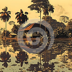 Old house in the jungle with palm trees and reflection in the water
