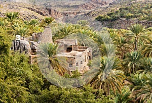 Old house of mountain village Misfat Al Abriyeen surrounded by the garden with date palms  Sultanate of Oman photo