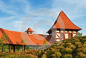 Old house with orange tiled roof in a park