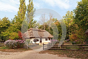 Old house of the peasants and the fence at the Museum of Pirogovo
