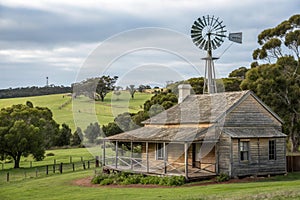 Old house at Perrys paddock with windmill in Perth