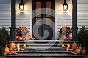 Old House Porch Adorned With Pumpkins For Autumn, Halloween, And Thanksgiving