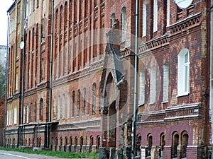 Old house of red brick. Kaliningrad city. The photo