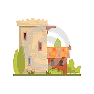 Old house and stone fortress tower, ancient architecture building vector Illustration