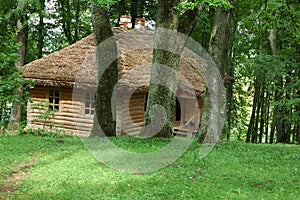 Old house with straw roof in the dense forest