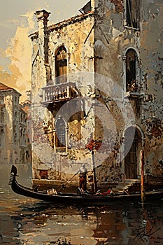 Old house of Venice with gondola and standing gondolier areas of afternoon light