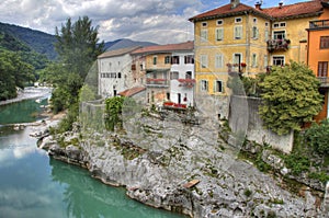 Old houses along river in Slovenia