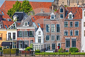 Old houses alongside the river IJssel in Deventer, The Netherlands