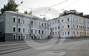 Old houses on Andronievsky passage and tram tracks in summer in center of Moscow, Russia