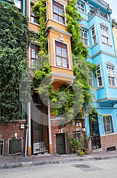 Old houses with colorful facades in the city of Balat. Summer landscape with beautiful architecture. Istanbul, Turkey