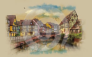 Old houses of Europe. Panorama of the city of Colmar, France.