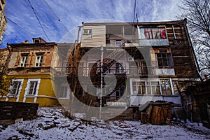 Old houses on low-rise street in old poverty part of Rostov-on-Don city in Russia