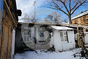 Old houses on low-rise street in old poverty part of Rostov-on-Don city in Russia