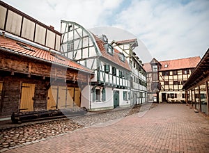 Old houses in the paved street of the Old Town of Klaipeda, Lithuania