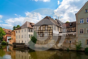 Old houses and Regnitz river in Bamberg old city