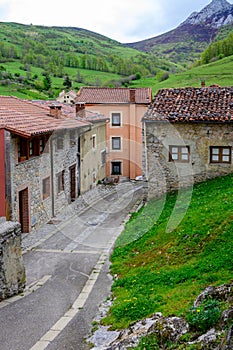 Old houses in remote mountain village Sotres, Picos de Europa mountains, Asturias, North of Spain