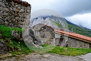 Old houses in remote mountain village Sotres, Picos de Europa mountains, Asturias, North of Spain