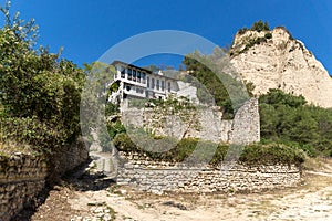 Old houses, sand pyramids and ruins of Saint Barbara church in town of Melnik, Bulgaria